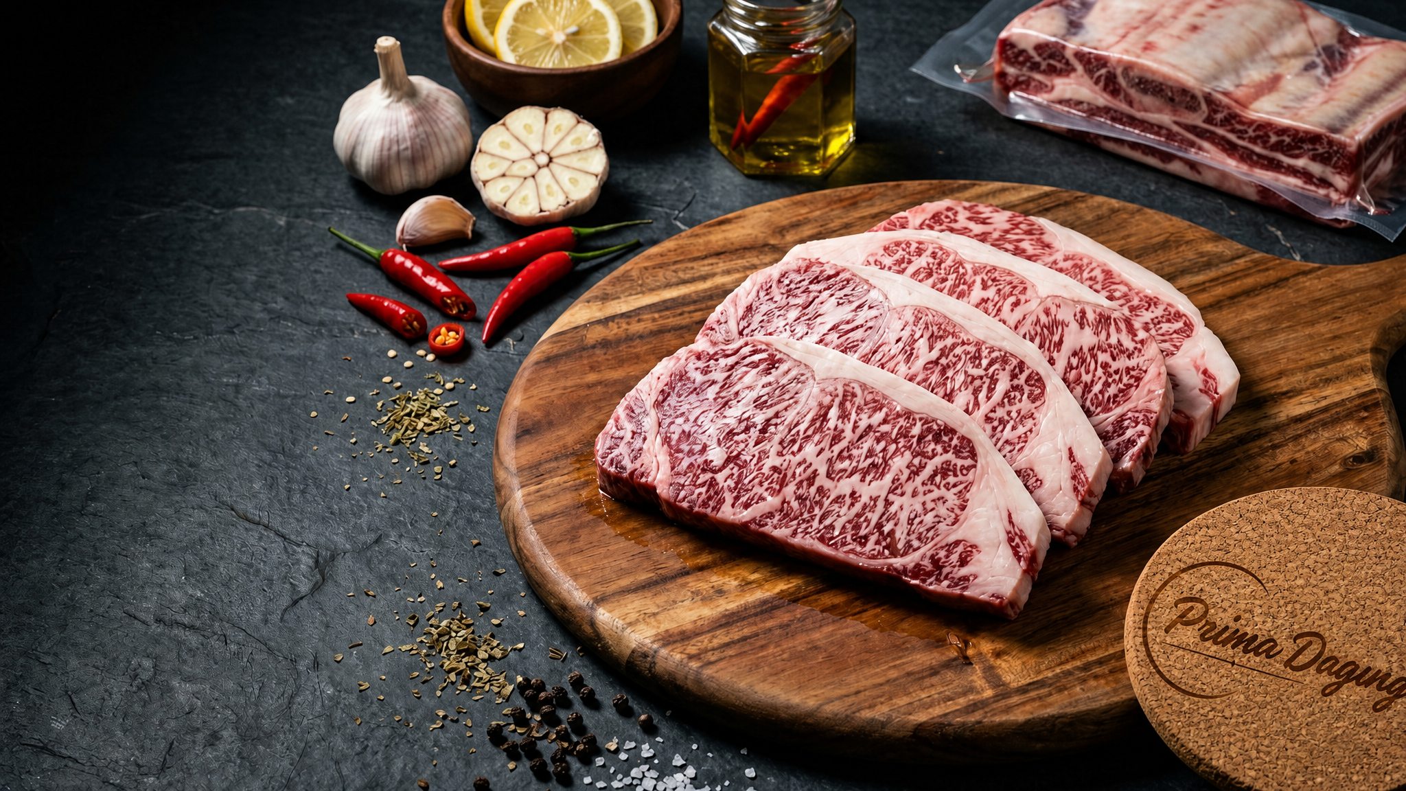 Steak marbling premium Prima Daging tersusun di atas talenan kayu