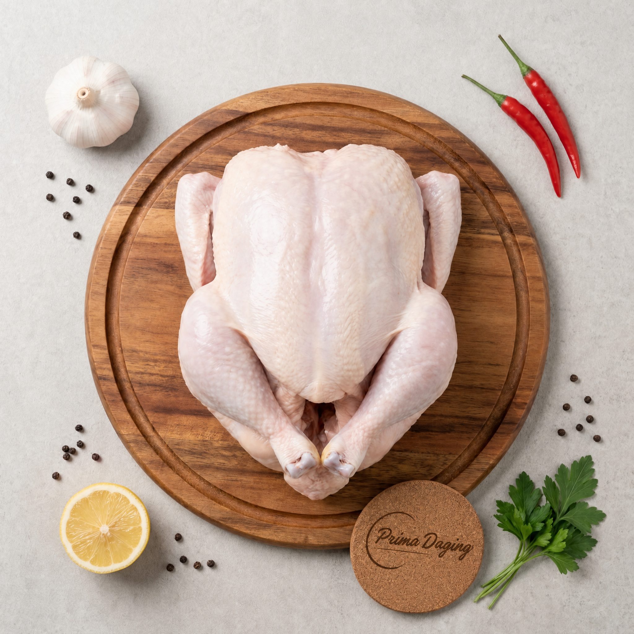 Ayam karkas utuh Prima Daging di talenan bundar