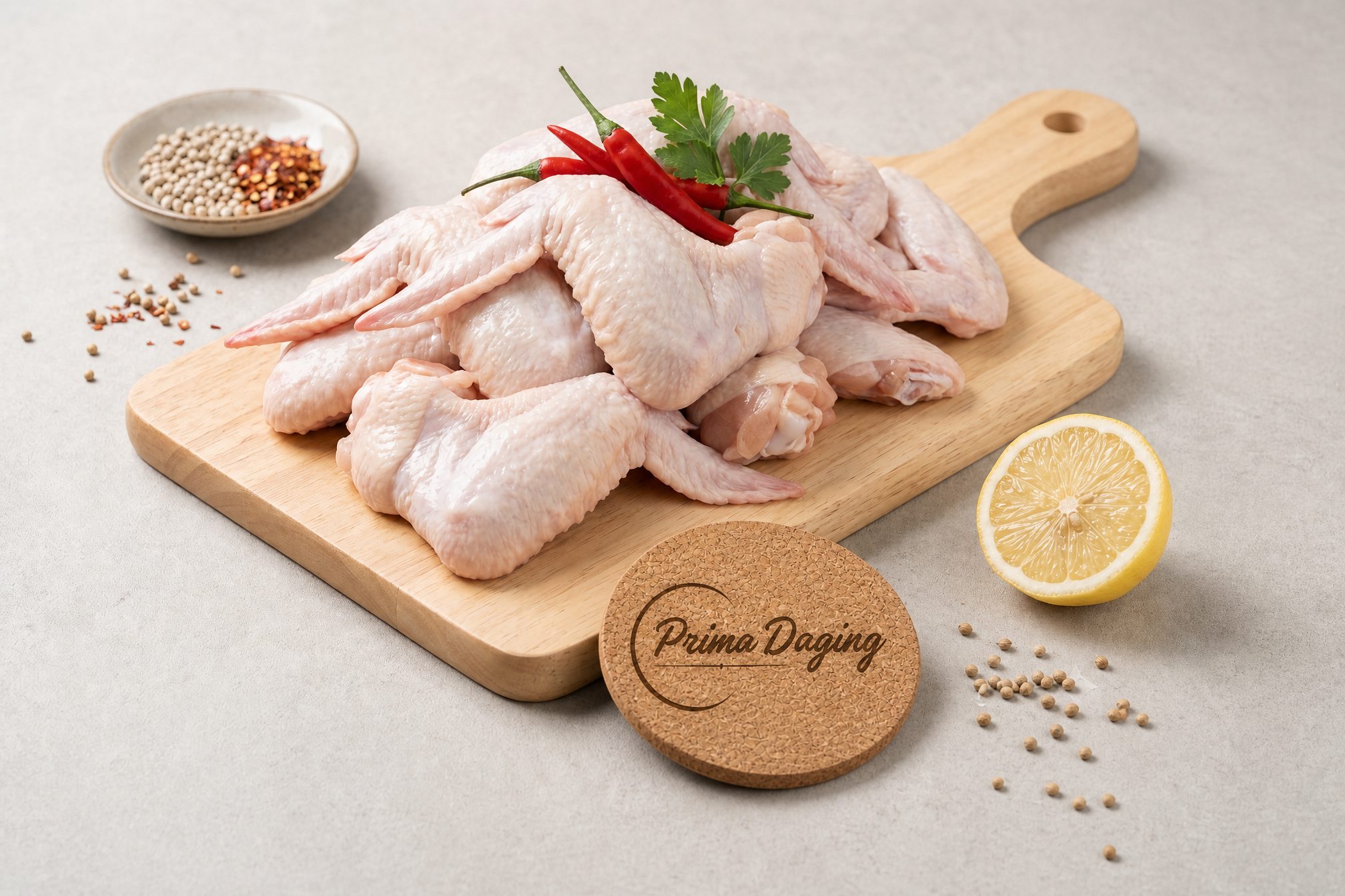 Sayap ayam segar Prima Daging di atas talenan
