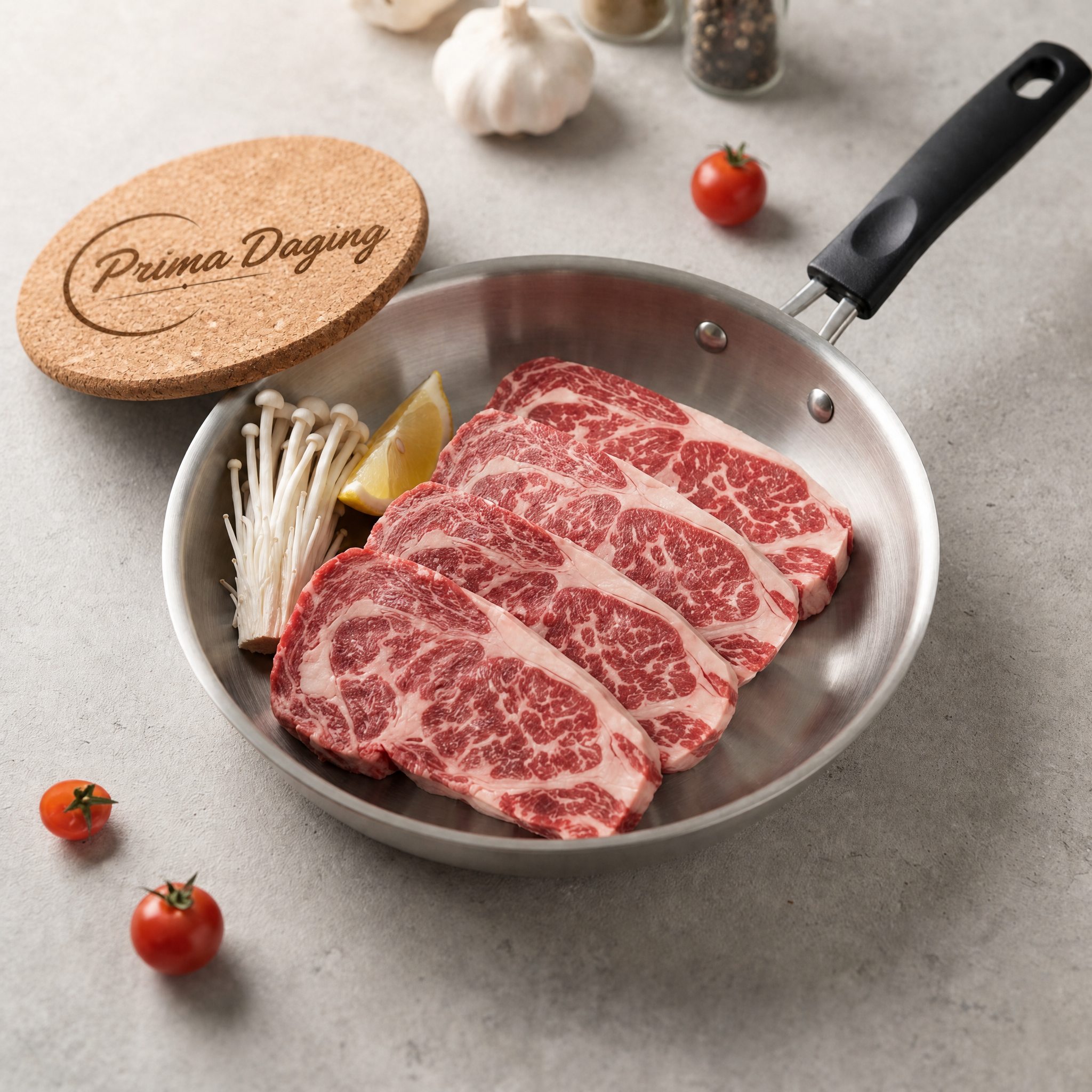 Steak marbling premium Prima Daging di atas wajan